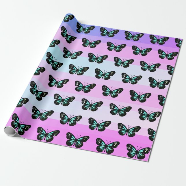 Papel De Regalo Patrón elegante de mariposa azul y negro (Desenrollado)