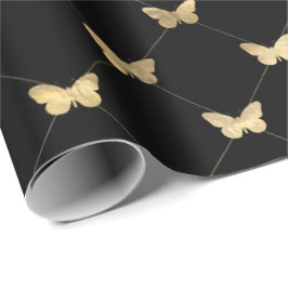 Papel De Regalo Patrón elegante de mariposa dorada negra