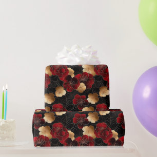 Papel De Regalo Patrón elegante de mármol floral rojo, negro y dor