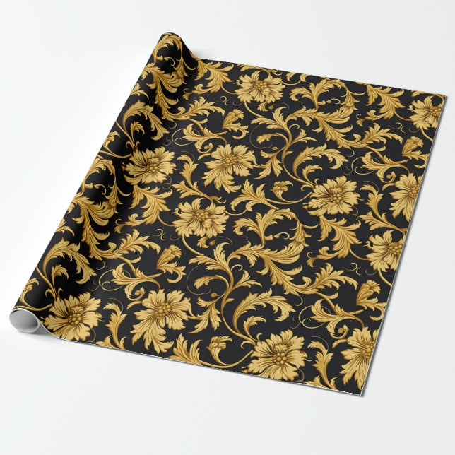 Papel De Regalo Patrón elegante de oro negro (Desenrollado)