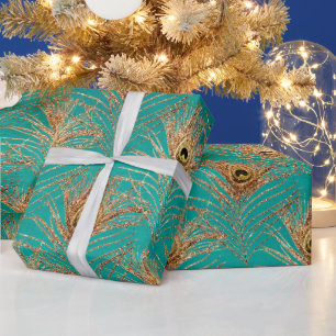 Papel De Regalo Patrón elegante de plumas de pavo real Purpurina