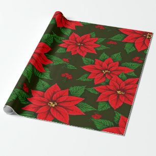 Papel De Regalo Patrón elegante de poinsettia sobre verde oscuro -