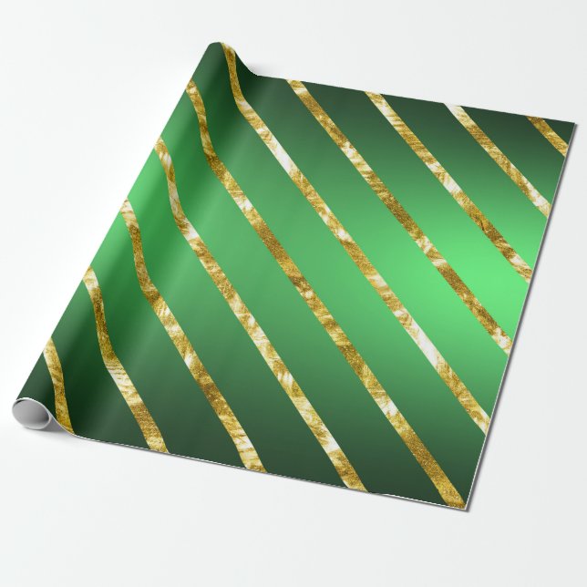 Papel De Regalo Patrón elegante de rayas diagonales verde dorado (Desenrollado)