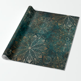 Papel De Regalo Patrón elegante dorado y floral verde Verde azula