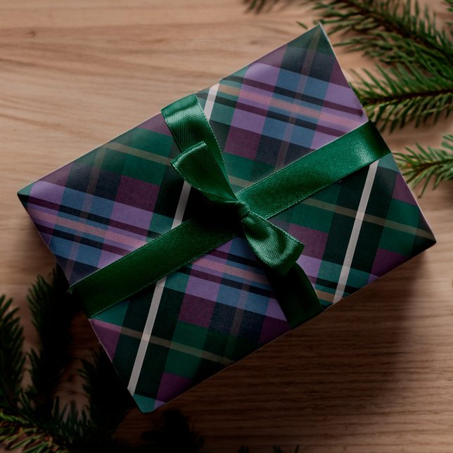 Papel De Regalo Patrón elegante festivo oscuro morado y verde reve (Festive Stylish Dark Purple & Green Plaid Pattern Wrapping Paper)