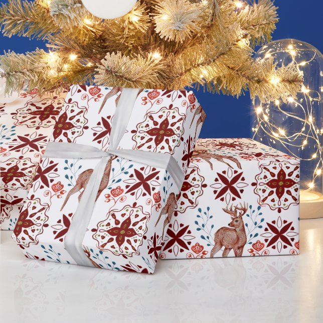 Papel De Regalo Patrón Escandinavo Deer y Kaleidoscope (Vacaciones)