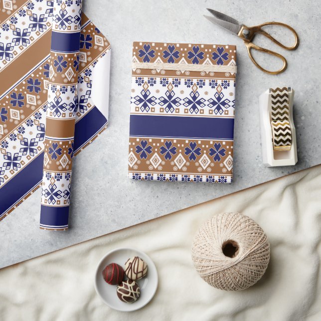 Papel De Regalo Patrón escandinavo rayado azul marrón (Artesanía)