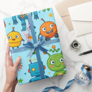 Papel De Regalo Patrón espacial de aliens y robots lindos