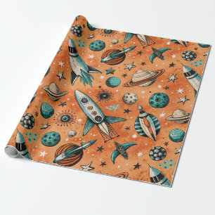 Papel De Regalo Patrón espacial de cohete retro terracota teal