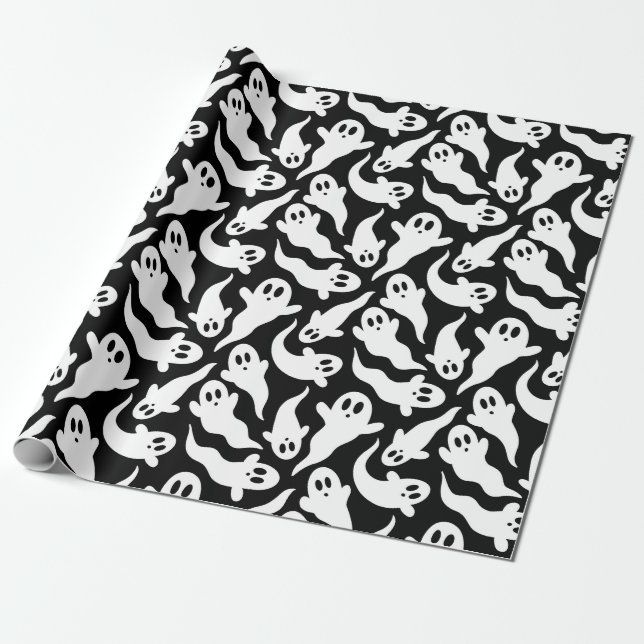 Papel De Regalo Patrón fantasma de Halloween blanco y negro (Desenrollado)