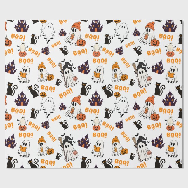 Papel De Regalo Patrón fantasma de Halloween lindo - Gatos negros  (Superficie plana)