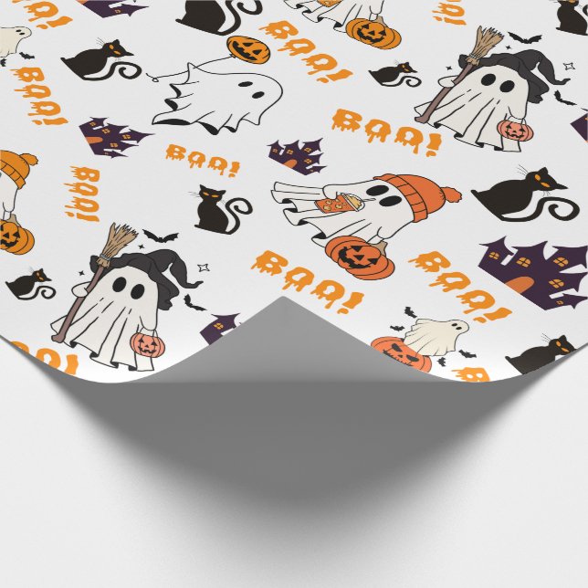 Papel De Regalo Patrón fantasma de Halloween lindo - Gatos negros  (Esquina)