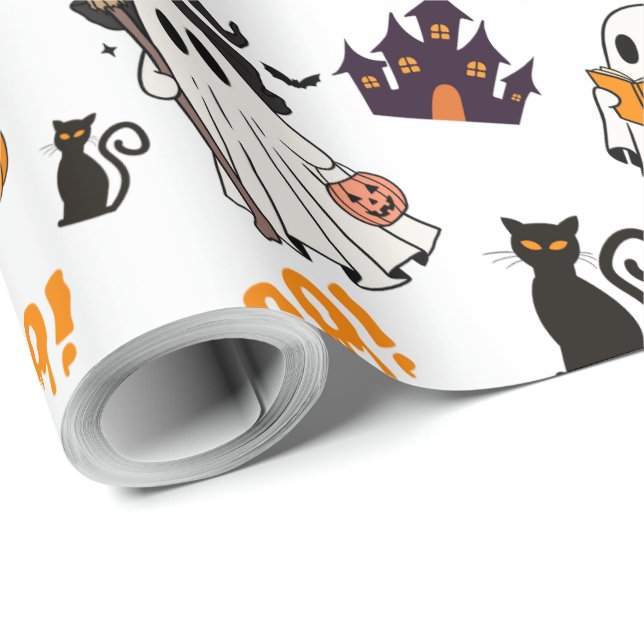 Papel De Regalo Patrón fantasma de Halloween lindo - Gatos negros  (Esquina del rollo)