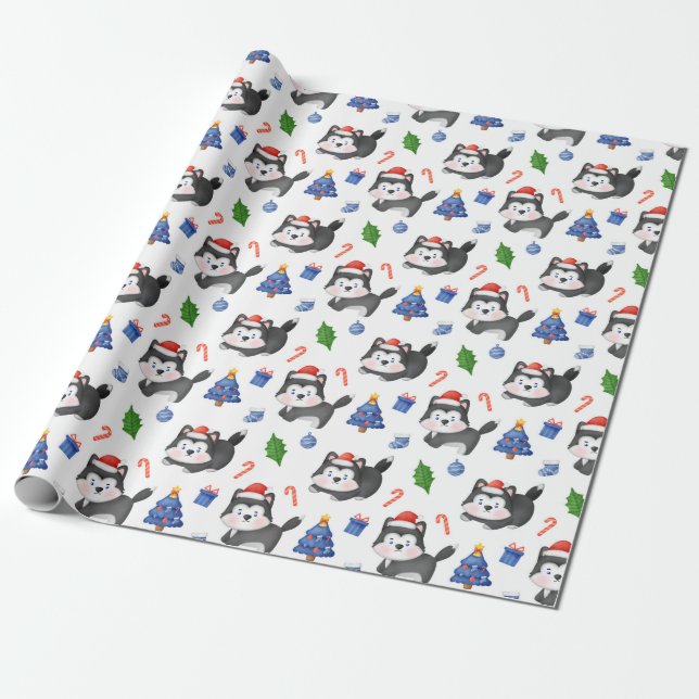 Papel De Regalo Patrón feliz de Navidades Husky (Desenrollado)