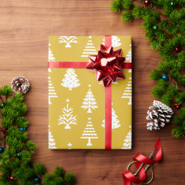 Papel De Regalo Patrón festivo de árbol de Navidad amarillo y blan