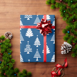 Papel De Regalo Patrón festivo de árbol de Navidad azul y blanco