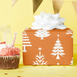Papel De Regalo Patrón festivo de árbol de Navidad naranja y blanc