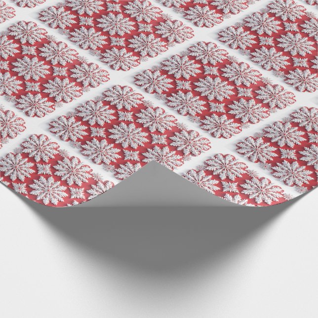 Papel De Regalo Patrón festivo de copos de nieve rojos y blancos (Esquina)