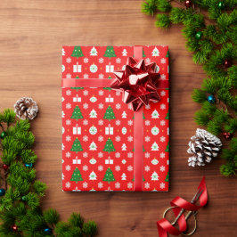 Papel De Regalo Patrón festivo de Navidad con árboles y copos de n