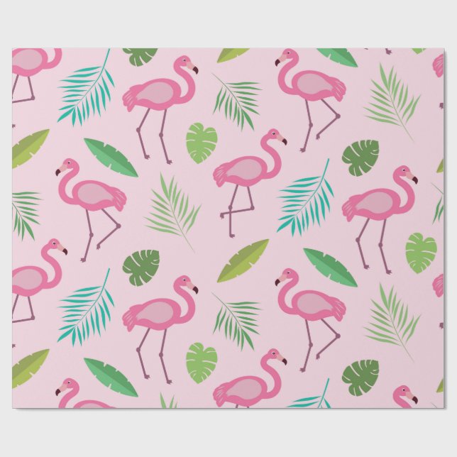 Papel De Regalo Patrón Flamingo Rosa con hojas tropicales (Superficie plana)