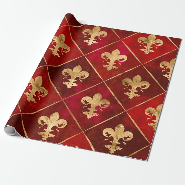Papel De Regalo Patrón Fleur-de-lis rojo de lujo (Desenrollado)