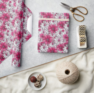 Papel De Regalo Patrón floral 3D con sangre rosa caliente y blanco
