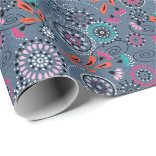 Papel De Regalo Patrón floral abstracto étnico folclórico gris azu