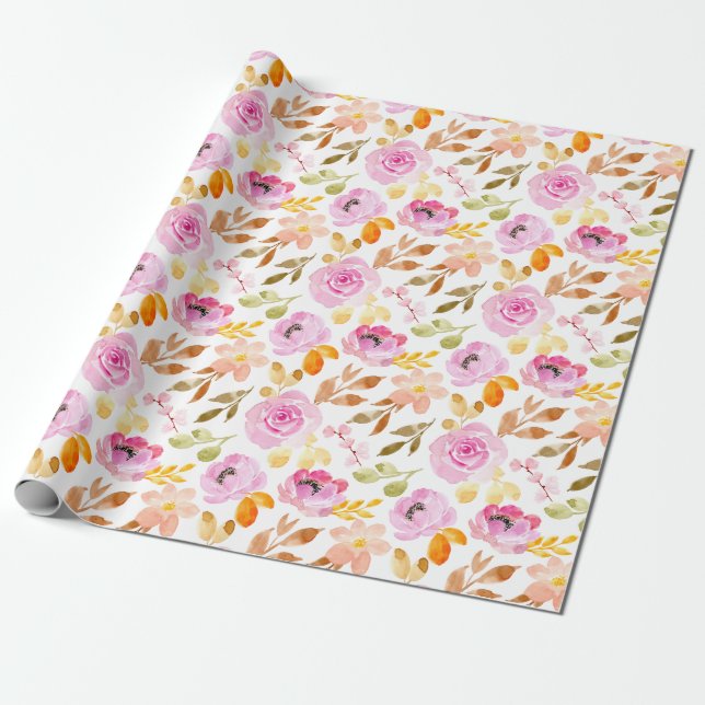 Papel De Regalo Patrón floral acuarela de las flores rosadas de ve (Desenrollado)