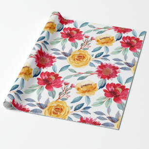 Papel De Regalo Patrón floral alegre de acuarela en rosa amarilla