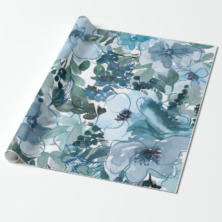 Papel De Regalo Patrón floral azul, acuarela artística