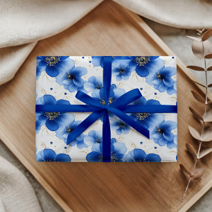 Papel De Regalo Patrón floral azul con acentos dorados