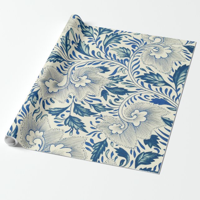 Papel De Regalo Patrón floral azul Diseño antiguo asiático (Desenrollado)