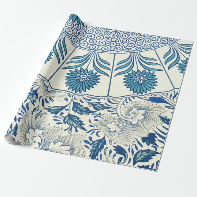 Papel De Regalo Patrón floral azul Diseño antiguo asiático (Desenrollado)