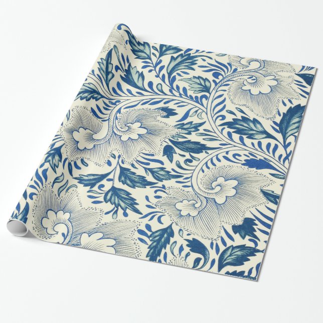 Papel De Regalo Patrón floral azul Diseño antiguo asiático (Desenrollado)