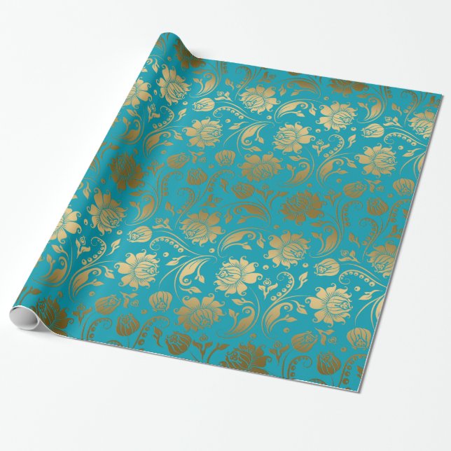 Papel De Regalo Patrón floral azul EGold y Turquoise (Desenrollado)