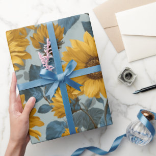 Papel De Regalo Patrón Floral Azul Girasol Amarillo Vintage