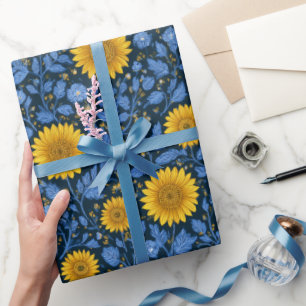 Papel De Regalo Patrón floral azul girasol amarillo vintage