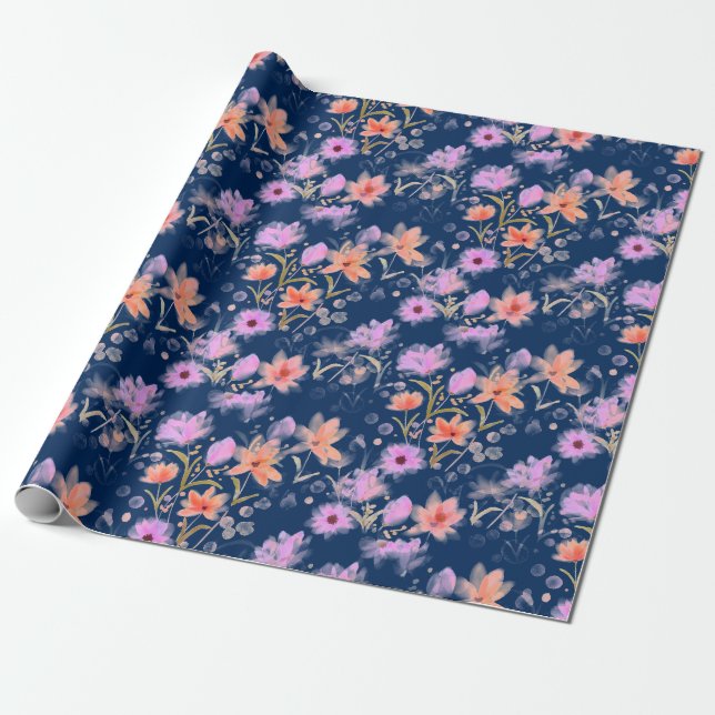 Papel De Regalo Patrón floral azul marino y rosa Rubor (Desenrollado)