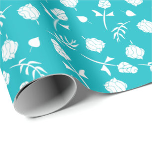 Papel De Regalo Patrón floral azul y rosebudo blanco de Aqua brill
