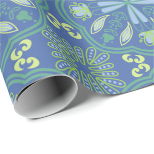 Papel De Regalo Patrón floral azul y verde continuo