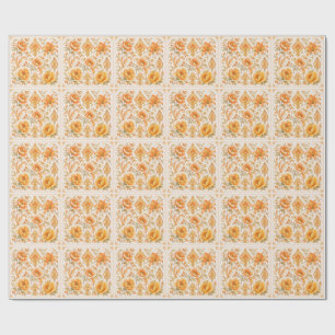 Papel De Regalo Patrón Floral Barroco Antiguo - Naranja Cálido / D