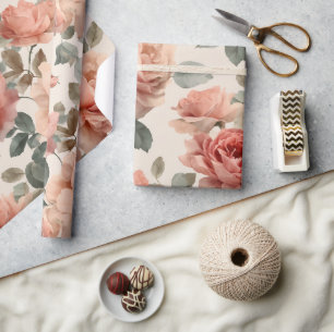 Papel De Regalo Patrón floral beige rosa suave acuarela
