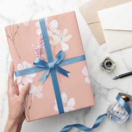 Papel De Regalo Patrón floral blanco con flor rosa pálido minimali
