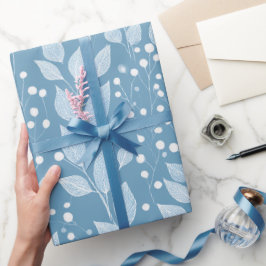Papel De Regalo Patrón floral blanco de hoja azul suave escandinav