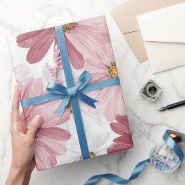 Papel De Regalo Patrón floral blanco de margarita rosa dibujado a 