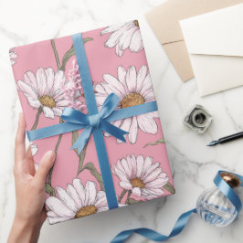 Papel De Regalo Patrón floral blanco de margarita rosa dibujado a 