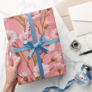 Papel De Regalo Patrón floral blanco de margarita rosa dibujado a 