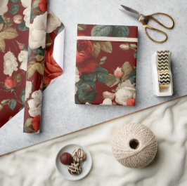 Papel De Regalo Patrón floral blanco de rosa roja clásica
