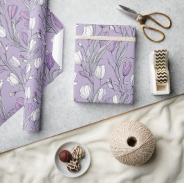 Papel De Regalo Patrón floral blanco de tulipán lavanda moderno
