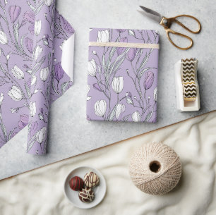Papel De Regalo Patrón floral blanco de tulipán lavanda moderno